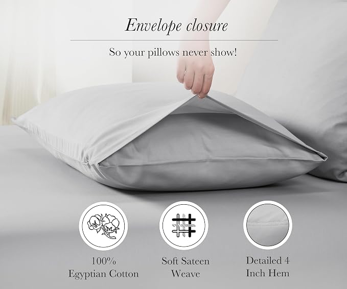 100% Egyptian Cotton Pillowcases Standard Set of 2, Sateen Weave, Soft and - Image 5