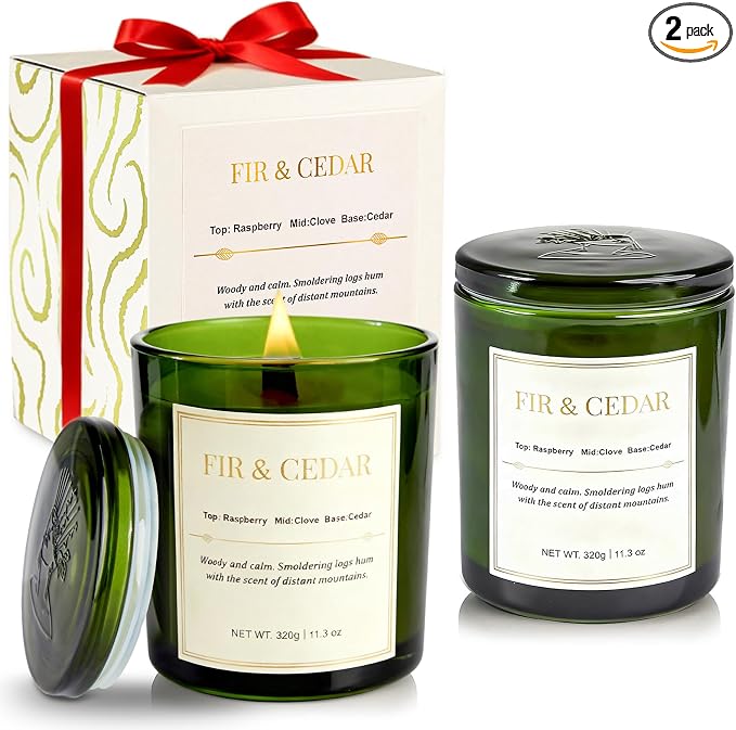 2 Pack Wood Wick Scented Candle Gift Set –Balsam Fir & Cedarwood Natural Soy by CJVIUS