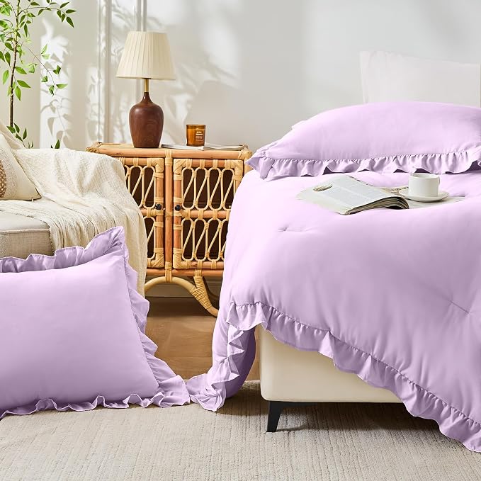 FUANNA King Size Comforter Set Lavender, 3 Pieces Ruffle King Bedding Set - Image 7