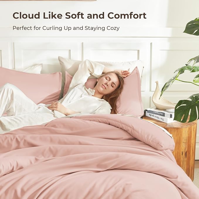 Litanika Pink Queen Size Comforter Set, 3 Pieces Blush Plain Bedding Comforter - Image 2