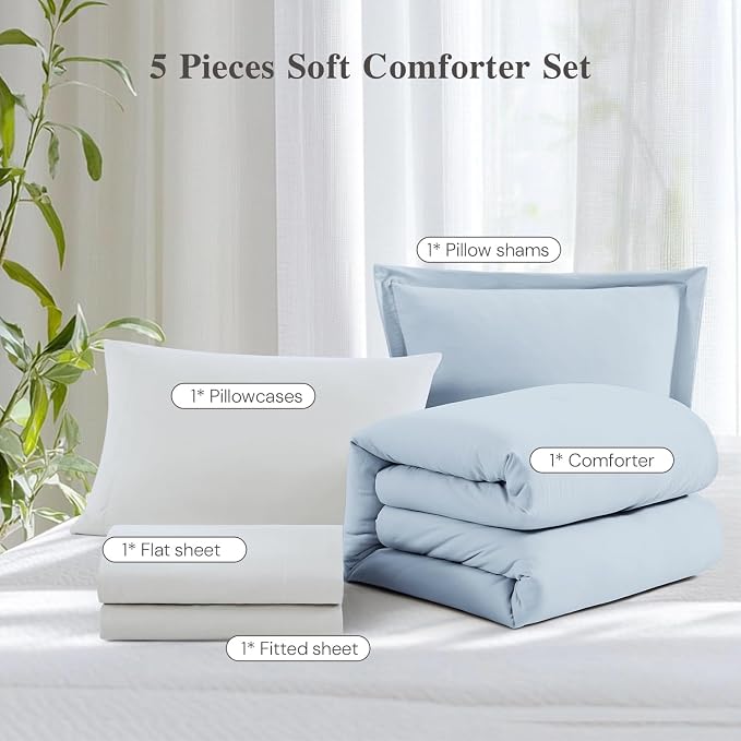 WRENSONGE Twin Comforter Set- 5 Pieces Ice Blue Twin Bed in a Bag, All Season - Image 6