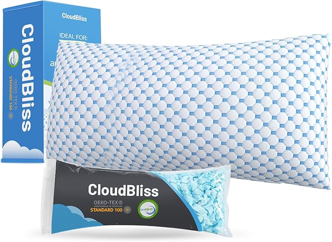 CloudBliss Cooling Bed Pillows for Sleeping, Shredded Memory Foam Pillows by CloudBliss