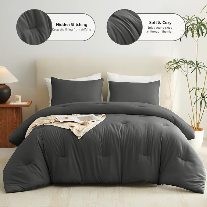 CozyLux Full Size Comforter Set Dark Grey, 3 Pieces Solid Breathable Quilted - Image 2