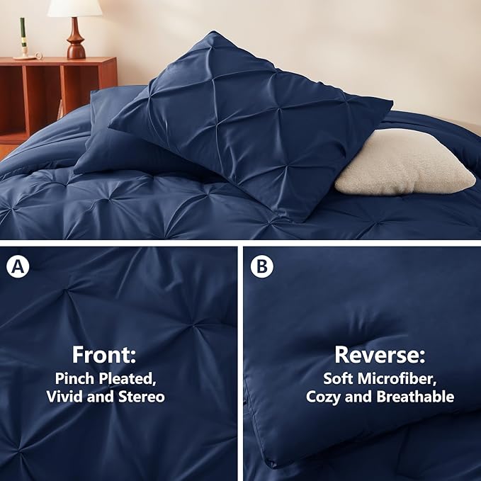 HIMEET Pintuck Bed in a Bag, 7 Pieces Queen Size Comforter Set Navy Blue - Image 3