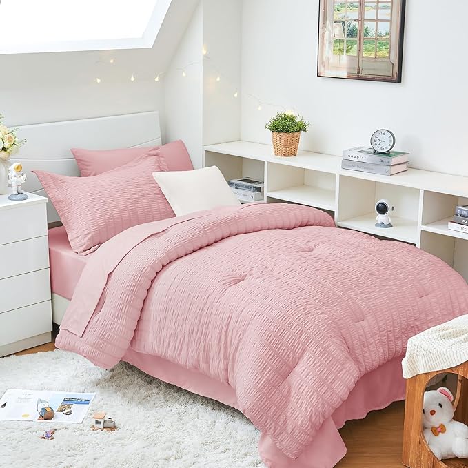 HYMOKEGE Pink Twin XL Comforter Set Seersucker 5 Pieces, All Season Luxury Bed by HYMOKEGE