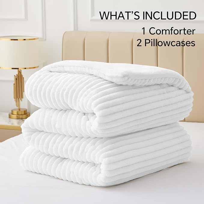BEDELITE Fleece Queen Comforter Set -Super Soft & Warm Fluffy Bright White - Image 7