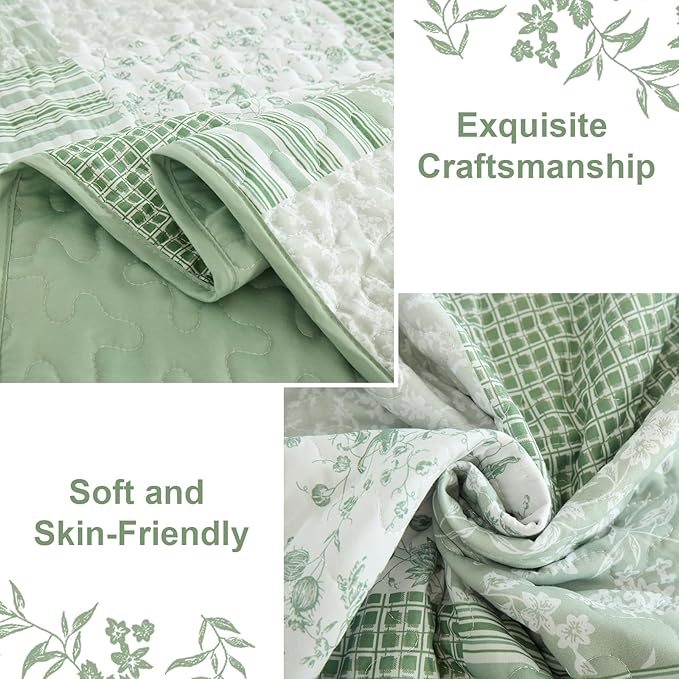 Mybedsoul Light Green Quilt Set Queen Size, 3 Pieces Plaid Floral Bedspread Set - Image 5