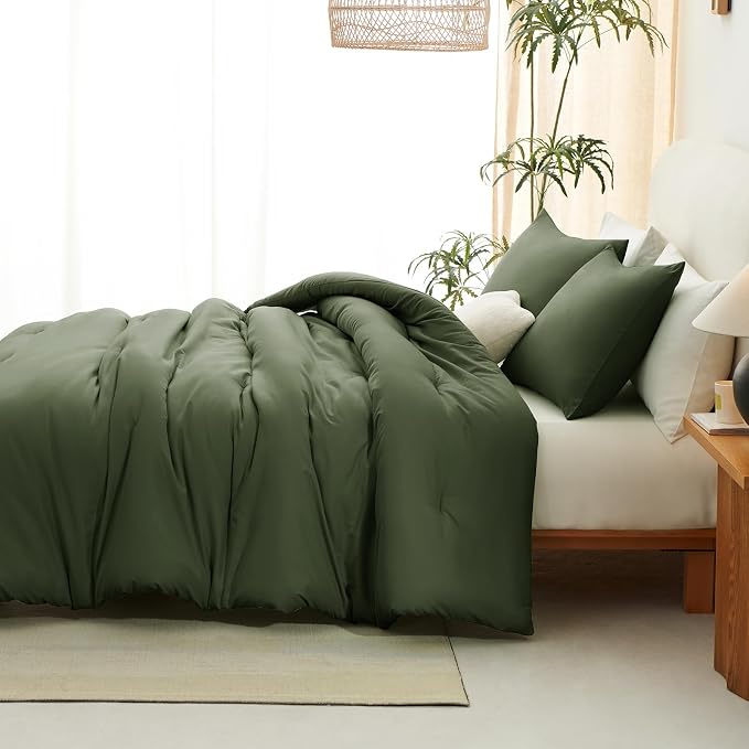 CozyLux King Size Comforter Set Olive Green, 3 Pieces Solid Comforters King - Image 8