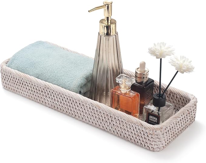 Rattan Bathroom Vanity Trays Toilet Tank Baskets Long Narrow Hand Towel Storage by DECRAFTS