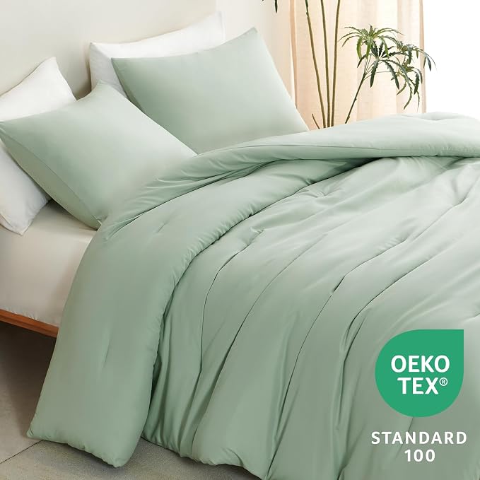 CozyLux King Size Comforter Set Sage Green, 3 Pieces Solid Comforters King Size - Image 4