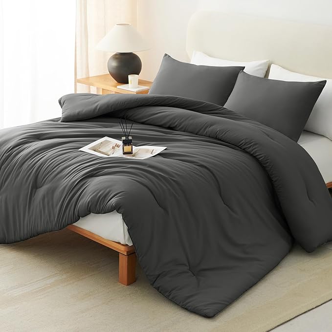 CozyLux Oversized King Comforter Set Dark Grey, 3 Pieces 120x98 Solid by CozyLux