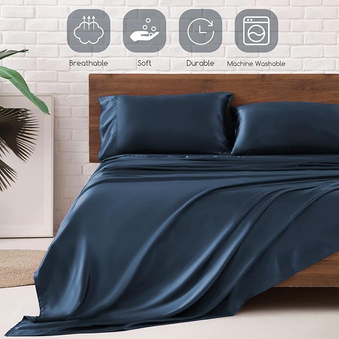 MR&HM Satin Bed Sheets with Elastic Corner Straps, Queen Size Sheets Set - Image 6