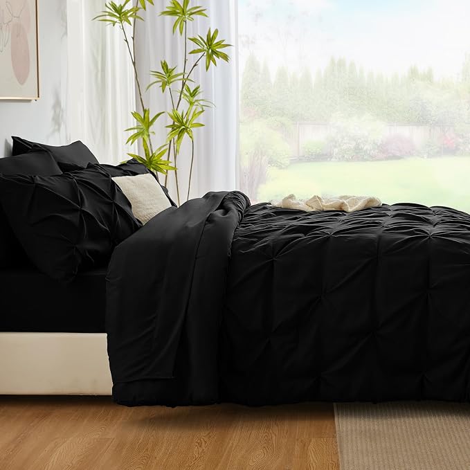 CozyLux Full Size Comforter Sets Black, 7 Pieces Pintuck Bed in A Bag Black - Image 9