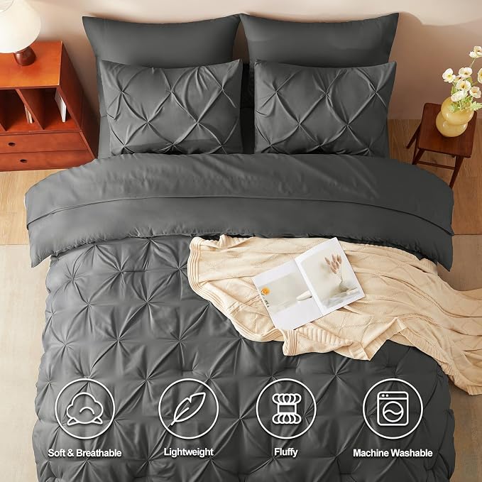 HIMEET Pintuck Bed in a Bag, 5 Pieces Twin XL Comforter Set Dark Grey, Extra - Image 2