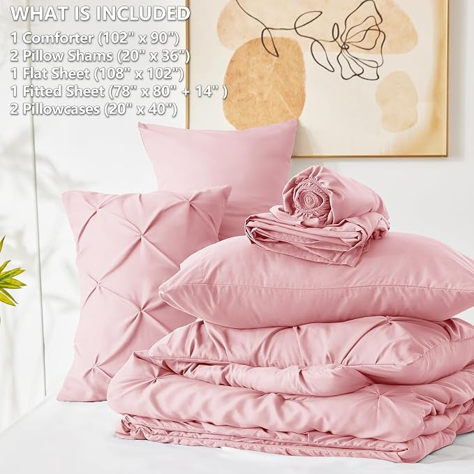 HIMEET Pintuck Bed in a Bag, 7 Pieces King Size Comforter Set Pink, Luxury - Image 7