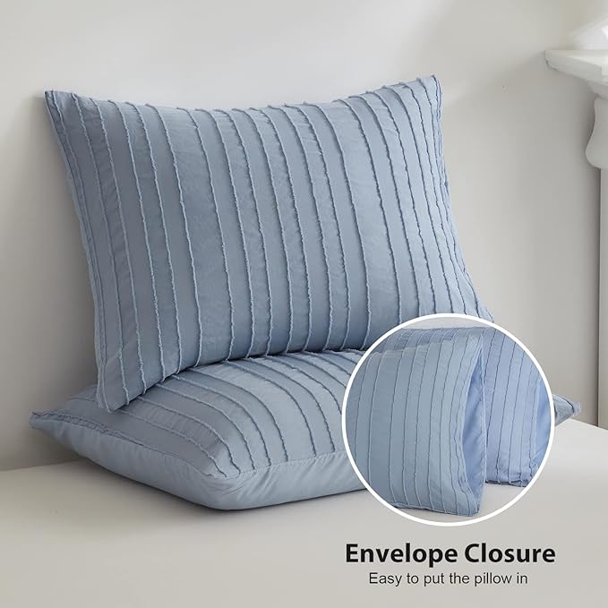 WARMDERN Blue Striped Duvet Cover Set, Boho Textured Tufted Bedding, 2 Piece - Image 4