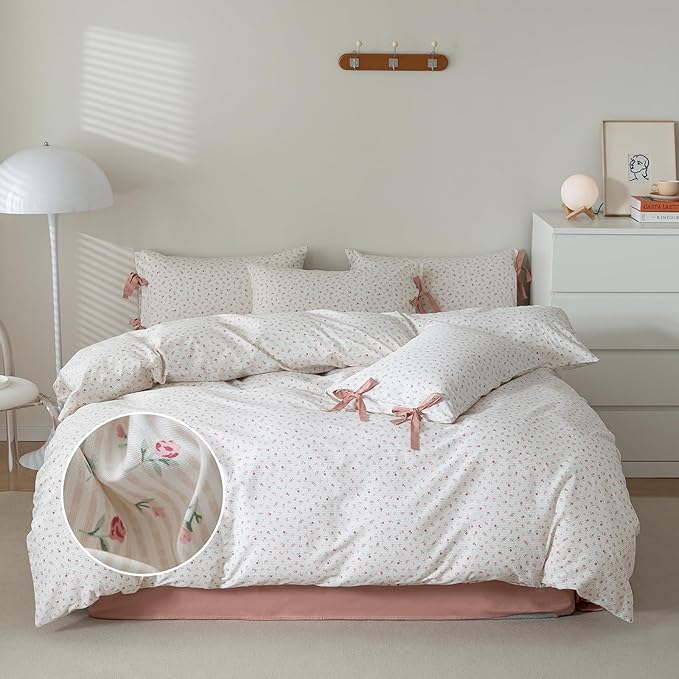 mixinni White Flower Pattern Duvet Cover Twin XL Pink Floral Stripes Duvet - Image 2