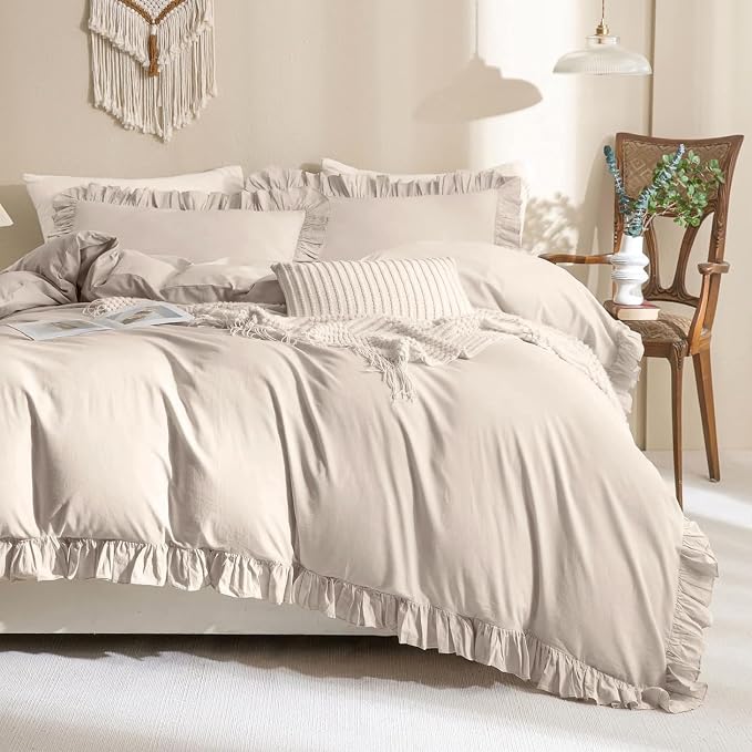 QSH 3Pcs Washed Cotton Ruffle Duvet Cover King Size by QSH