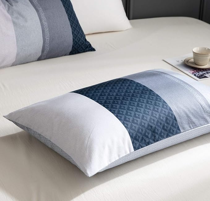 Duvet Cover Set, 600 Thread Count Cotton White and Navy Striped Patchwork - Image 5