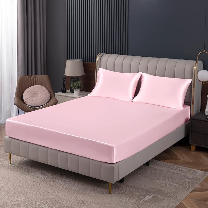 Homiest Blush Pink Satin Fitted Sheet King Size, Deep Pocket, Luxury & Ultra by Homiest