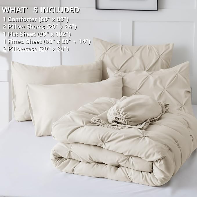 HIMEET Pintuck Bed in a Bag, 7 Pieces Queen Size Comforter Set Beige, Luxury - Image 8