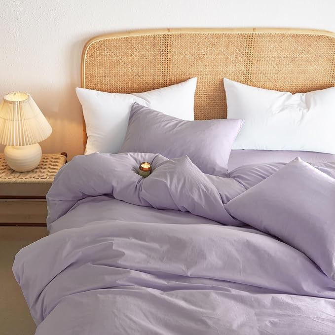 Wake In Cloud - Cotton Duvet Cover Set, Full Size, Light Purple, 100% Washed - Image 4