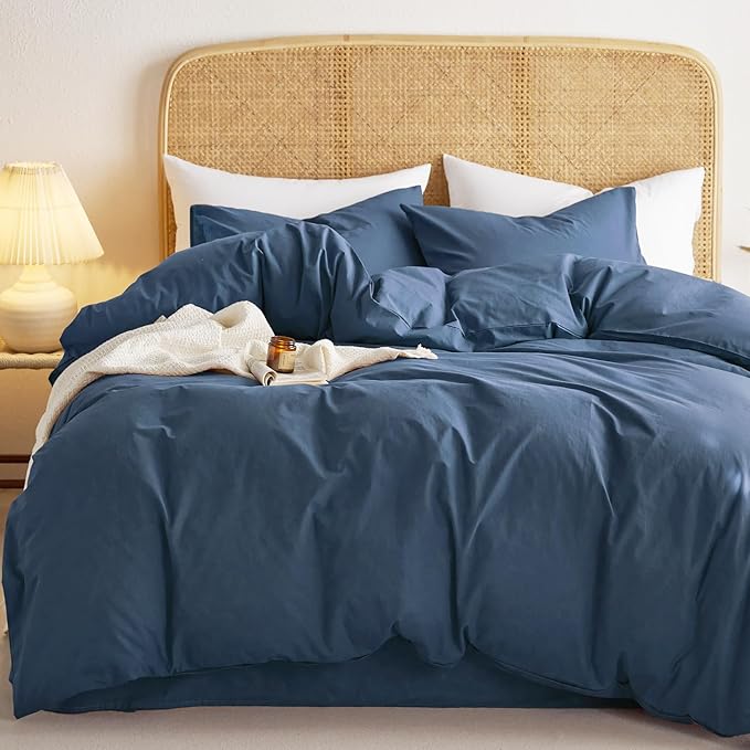 Wake In Cloud - Cotton Duvet Cover Set, Full Size, Dark Navy Blue, 100% Washed by WakeInCloud