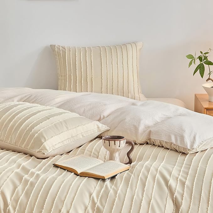 WARMDERN Khaki Boho Duvet Cover Set Queen Size, Striped Textured Tufted Bedding - Image 7