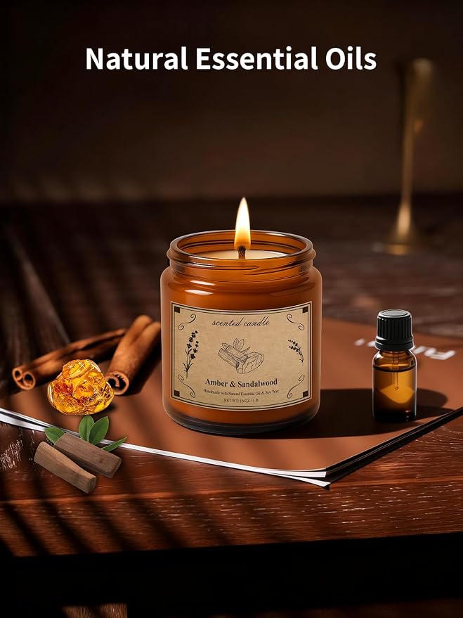 Scented Candles, 16oz Large Jar Soy Wax Candle – Amber & Sandalwood - Image 2