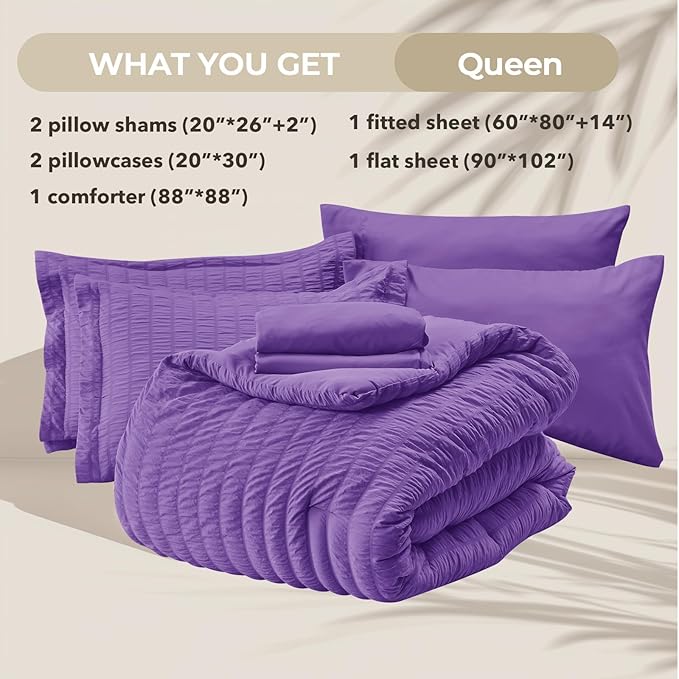 HYMOKEGE Bright Purple Queen Comforter Set Seersucker 7 Pieces, All Season - Image 5