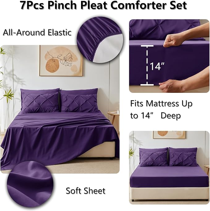 CozyLux Full Size Comforter Sets Purple, 7 Pieces Pintuck Bed in A Bag Purple - Image 6