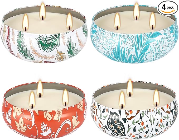 4-Pack Citronella Candle Set in Decorative Tropical Flower Tin Boxes by CAKETYCG