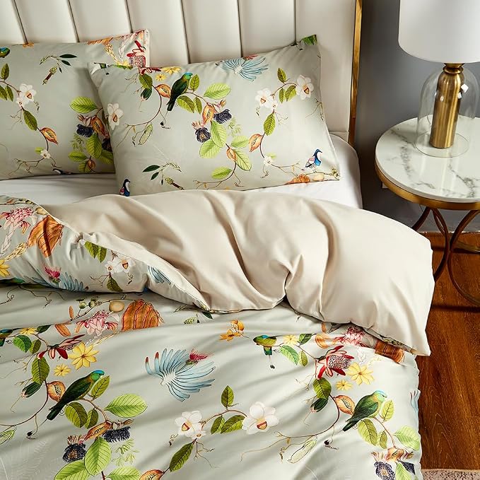 mixinni Garden Style Floral Birds 3 Pieces Duvet Cover King Size Green Leaves - Image 3