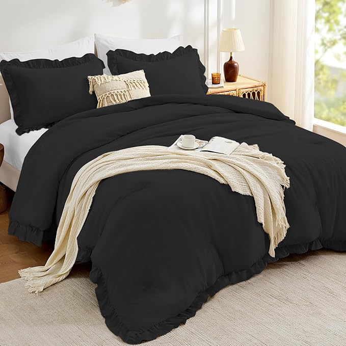 FUANNA Full Size Comforter Sets Black, 3 Pieces Ruffle Full Size Bedding Sets by FUANNA