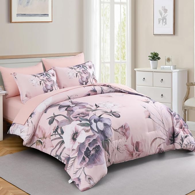 Luxudecor Floral Comforter Set Full Size 7 Piece, Blush Pink Flower Bed in a Bag - Image 2