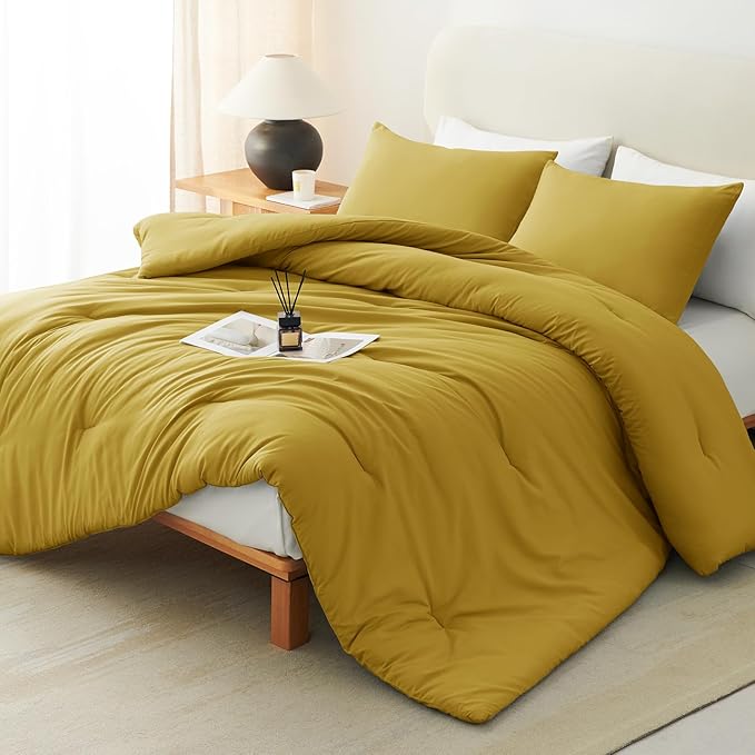 CozyLux Queen Comforter Set Mustard Yellow, 3 Pieces Solid Comforters Queen by CozyLux
