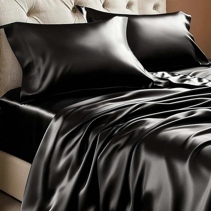 BEDELITE California King Sheets Set, Luxury Soft Black Satin Sheets by BEDELITE