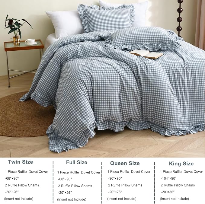 Silnuo Light Blue/White Plaid Ruffle Duvet Cover Full Size, 100% Washed Cotton - Image 2
