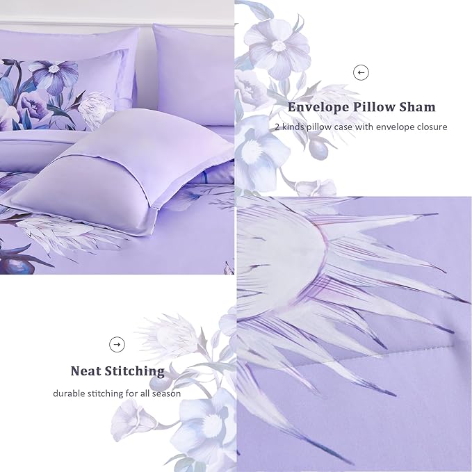 Luxudecor Lavender Purple Floral Comforter Set Queen Size 7 Piece, Flower Bed - Image 6