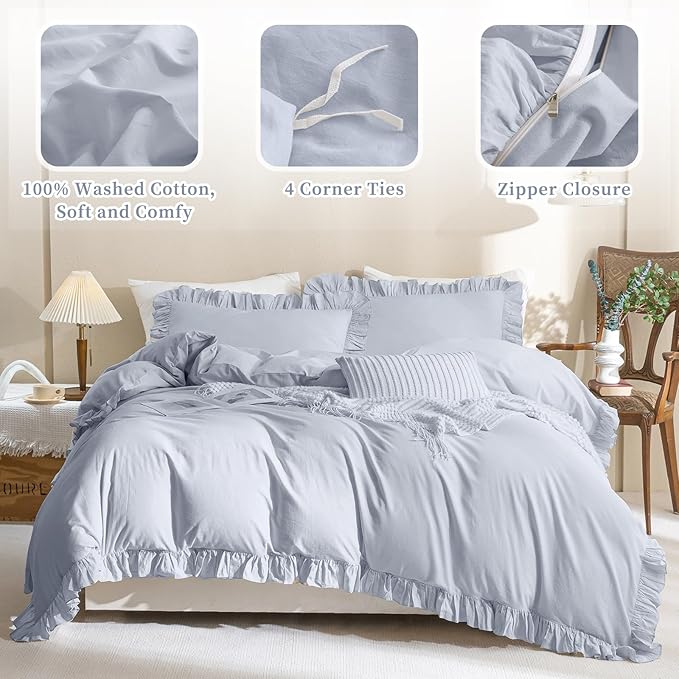 QSH Washed Cotton Ruffle Duvet Cover King Size, 3 Pieces Cornflower Blue - Image 4