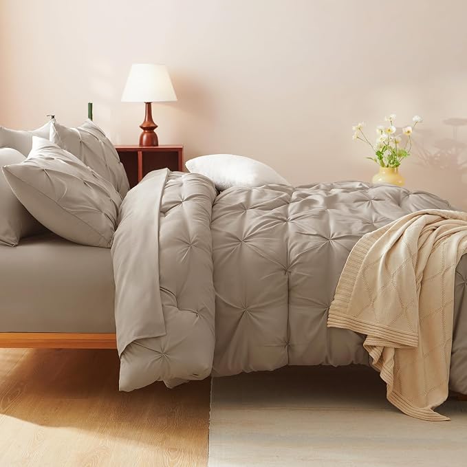 CozyLux Full Size Comforter Sets Khaki, 7 Pieces Pintuck Bed in A Bag Khaki - Image 6