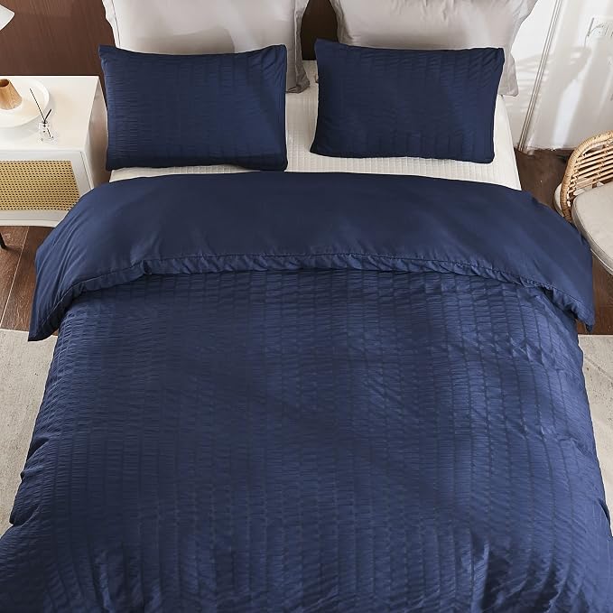 AveLom Navy Blue Duvet Cover King, 3 Pieces, Seersucker Textured Ultra Soft - Image 7