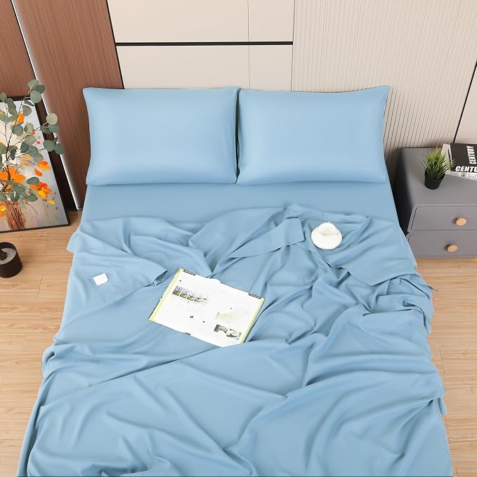 Toodou The Solid Color Sky Blue Twin Size Flat Sheets - Image 3