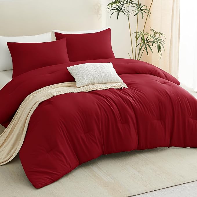 CozyLux Oversized King Comforter Set Dark Red, 3 Pieces 120x98 Solid Breathable - Image 9