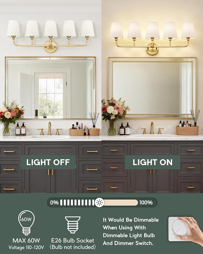 5-Light Bathroom Light Fixtures, Brushed Gold Vanity Lights - Image 6