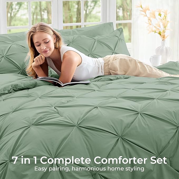Sasttie California King Comforter Set, 7-Piece Bed in a Bag Cal King, Pintuck - Image 6