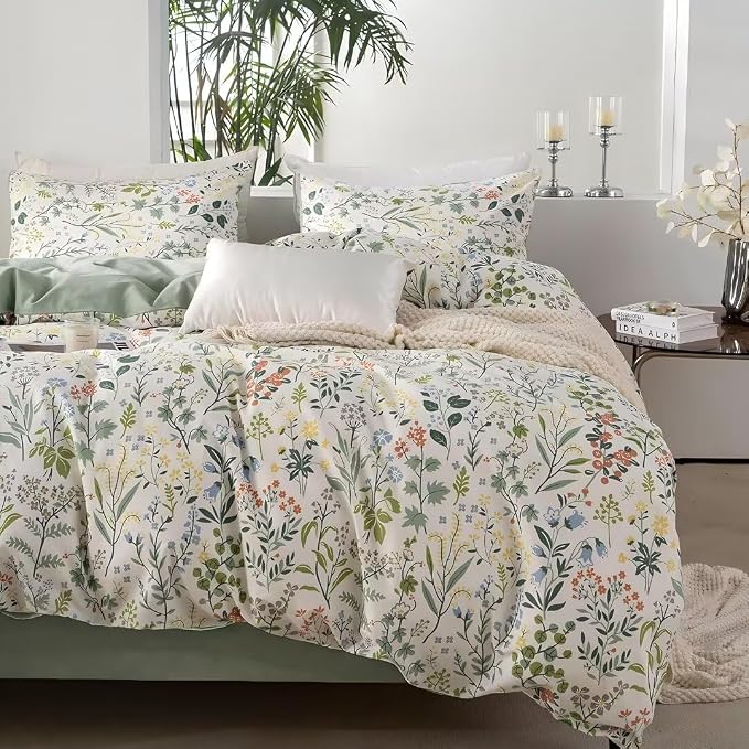 MKXI Twin Size Wildflower Duvet Cover Set Sage Green Spring Floral Bedding - Image 4