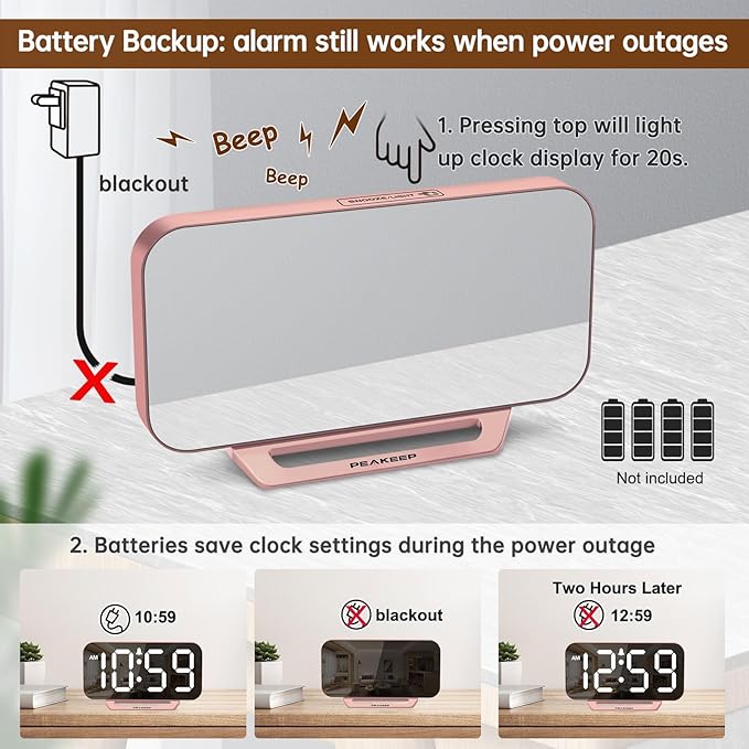 Peakeep Slim Digital Mirror Aesthetic Alarm Clock - Image 5