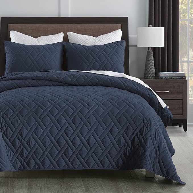 HORIMOTE HOME Quilt Set Queen Size Navy Blue, Classic Geometric Diamond by HORIMOTEHOME
