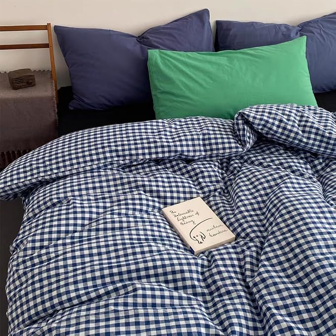 Nayoroom Navy Blue Gingham Duvet Cover Queen Size 100% Washed Cotton Plaid by Nayoroom
